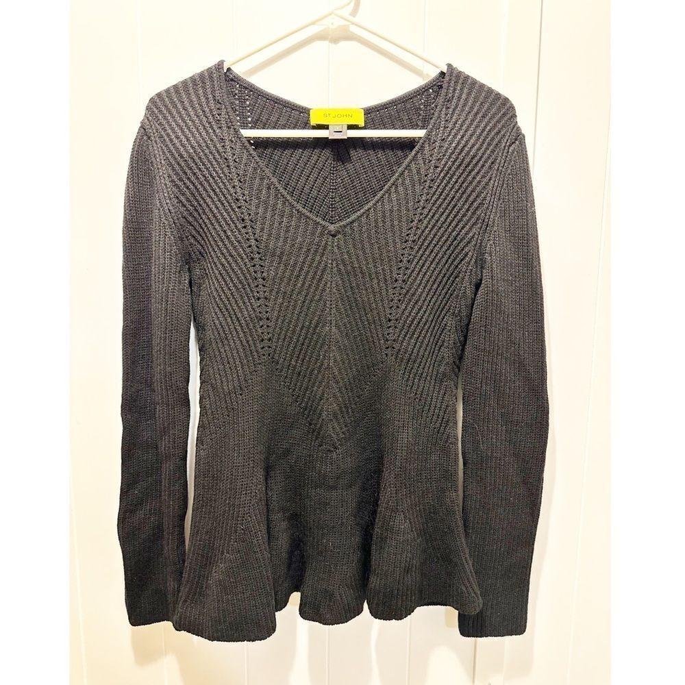 St. John wool peplum v- neck ribbed sweater black